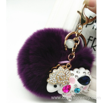 Colored Genuine Rabbit Fur Pom Ball Crystal Pendant Keychain